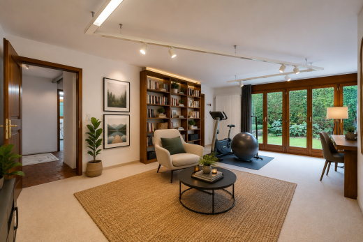 salon avec éclairage sur rail, track lighting, moquette, carpet, et inside property