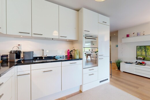 küche mit weiße schränke, arbeitsplatten, inside property, schränke mit flachen paneelen, und doppel backofen