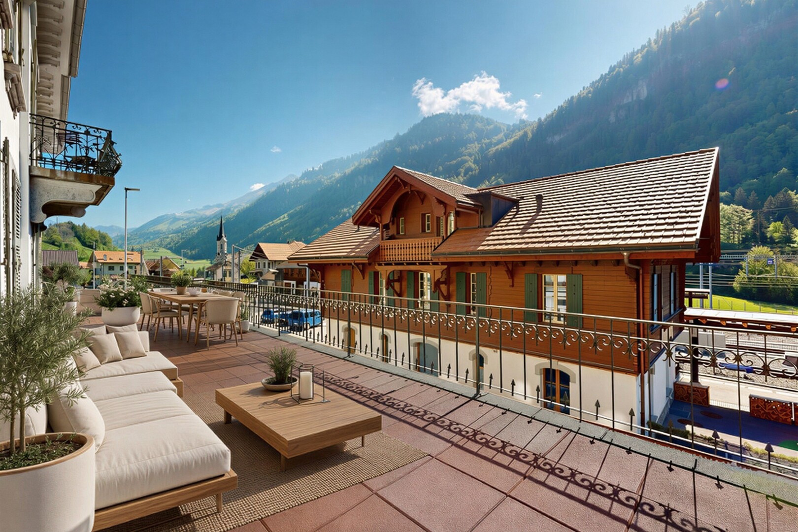 balcon avec vue sur la montagne, mountain view, day time, coin repas extérieur, et balcon