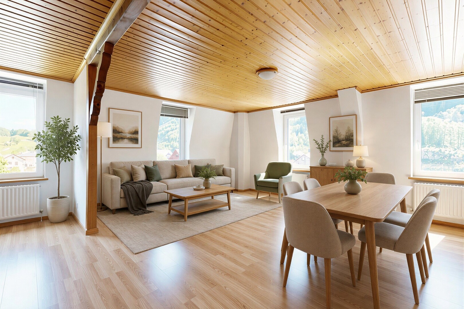 salon / salle à manger avec inside property, sol en finition bois, wood finish floor, lumière naturelle, et natural light