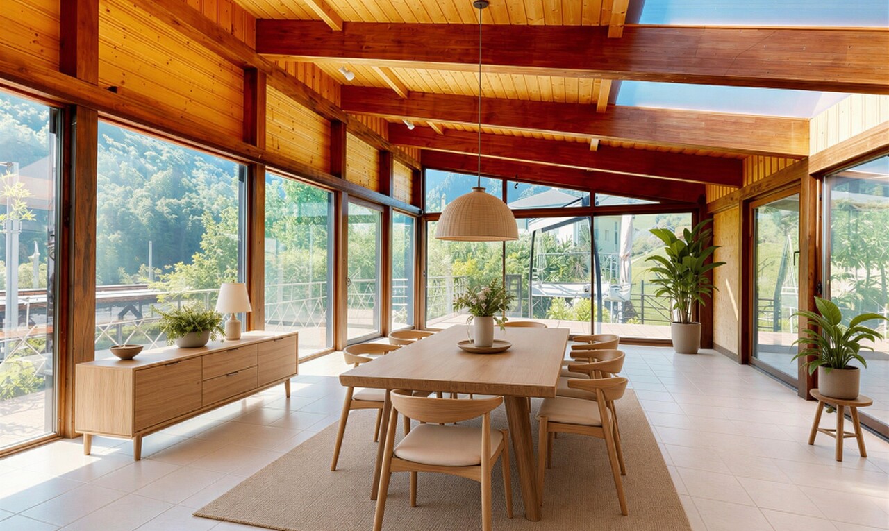 salle à manger avec véranda, day time, plafond voûté, vaulted ceiling, et inside community