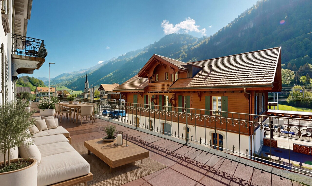 balcon avec vue sur la montagne, mountain view, day time, coin repas extérieur, et balcon