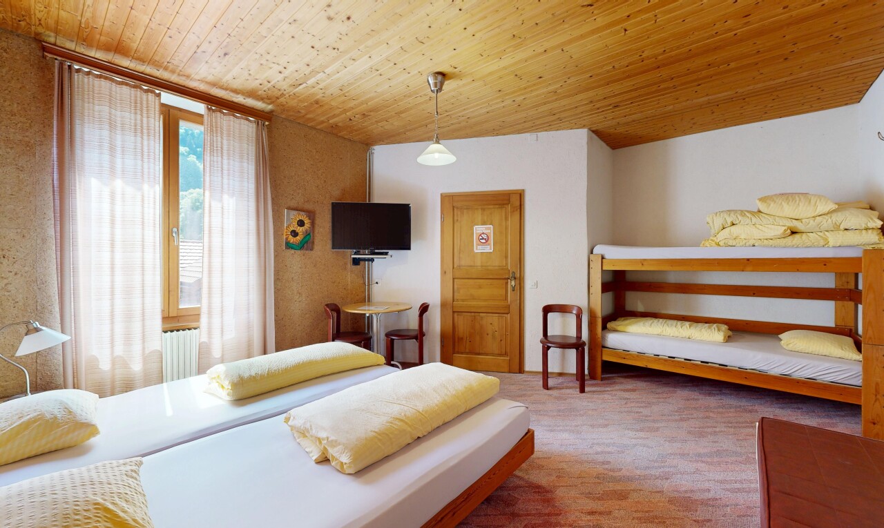 chambre avec plafond en bois, wood ceiling, lumière naturelle, natural light, et télévision
