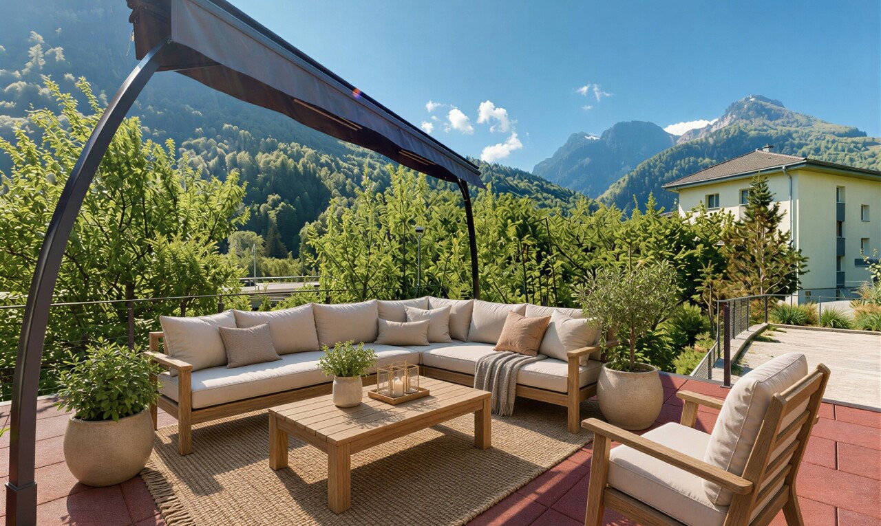 terrasse avec from property, mountain view, vue sur la montagne, day time, et espace de vie extérieur