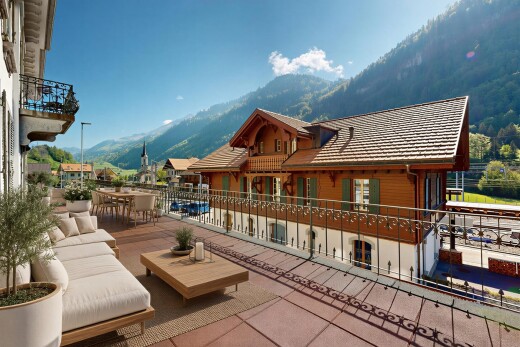 balcon avec vue sur la montagne, mountain view, day time, coin repas extérieur, et balcon