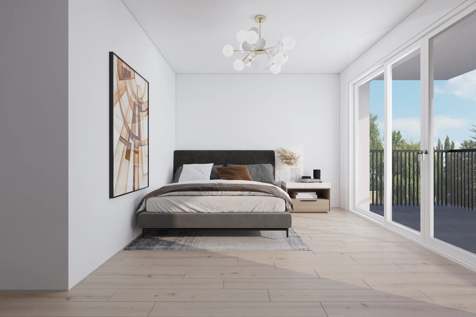 room / bedroom featuring access to exterior, a chandelier, and light hardwood / wood-style flooring