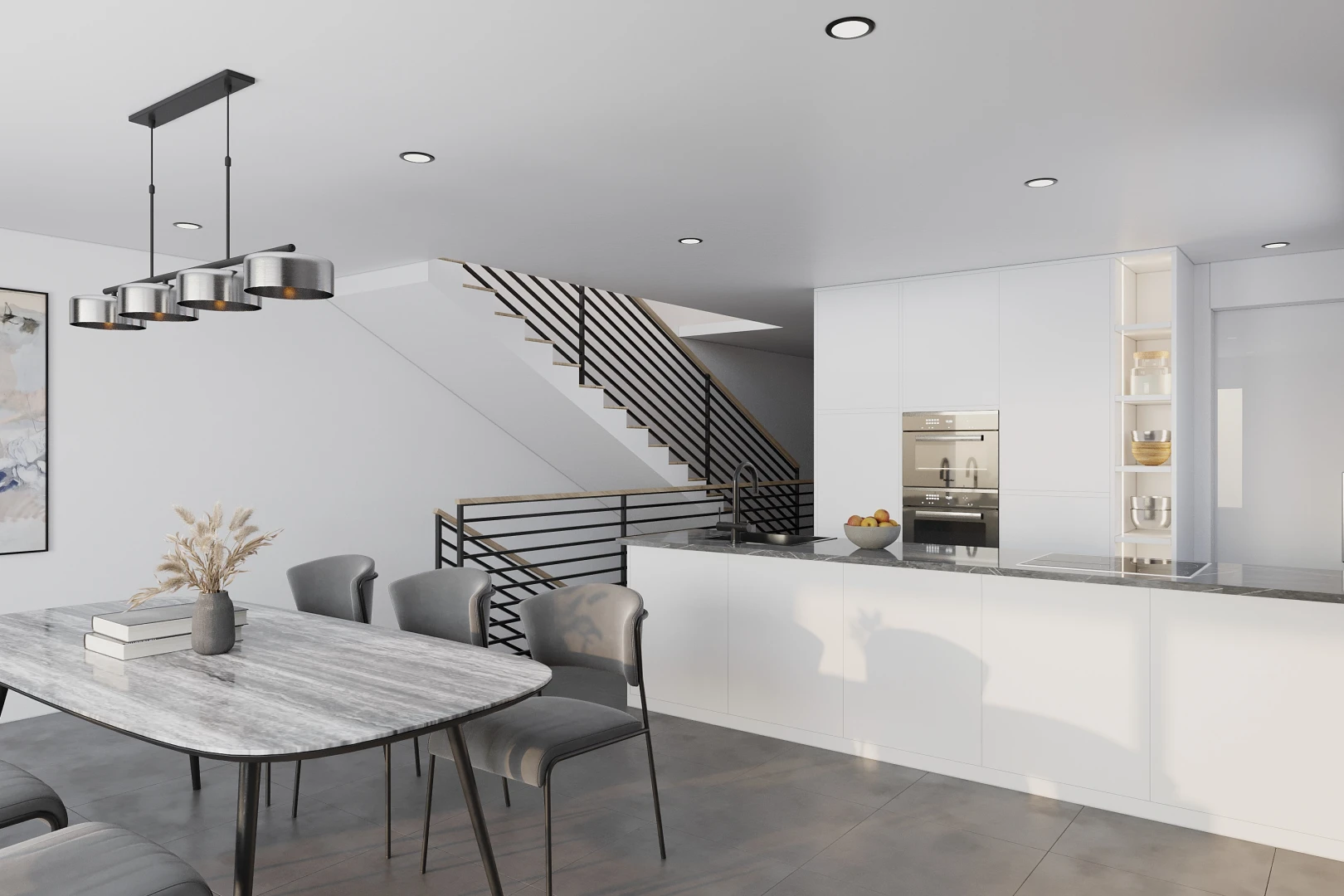 kitchen with black electric cooktop, white cabinetry, stainless steel double oven, and pendant lighting