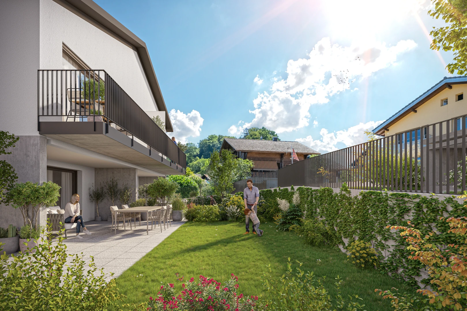 garden with a lawn, a patio area, and a balcony