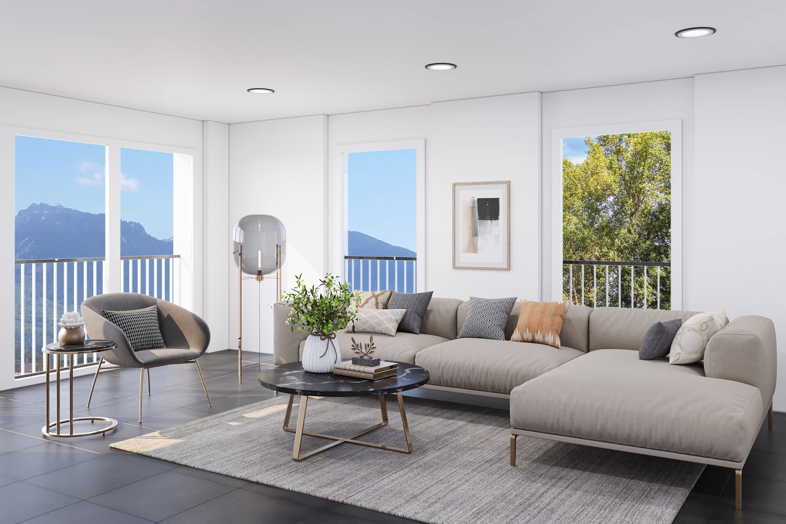living room with a water and mountain view