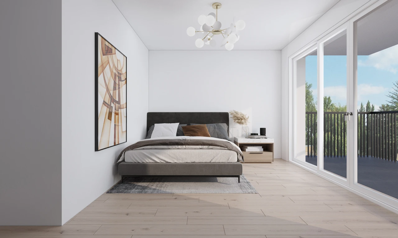 room / bedroom featuring access to exterior, a chandelier, and light hardwood / wood-style flooring