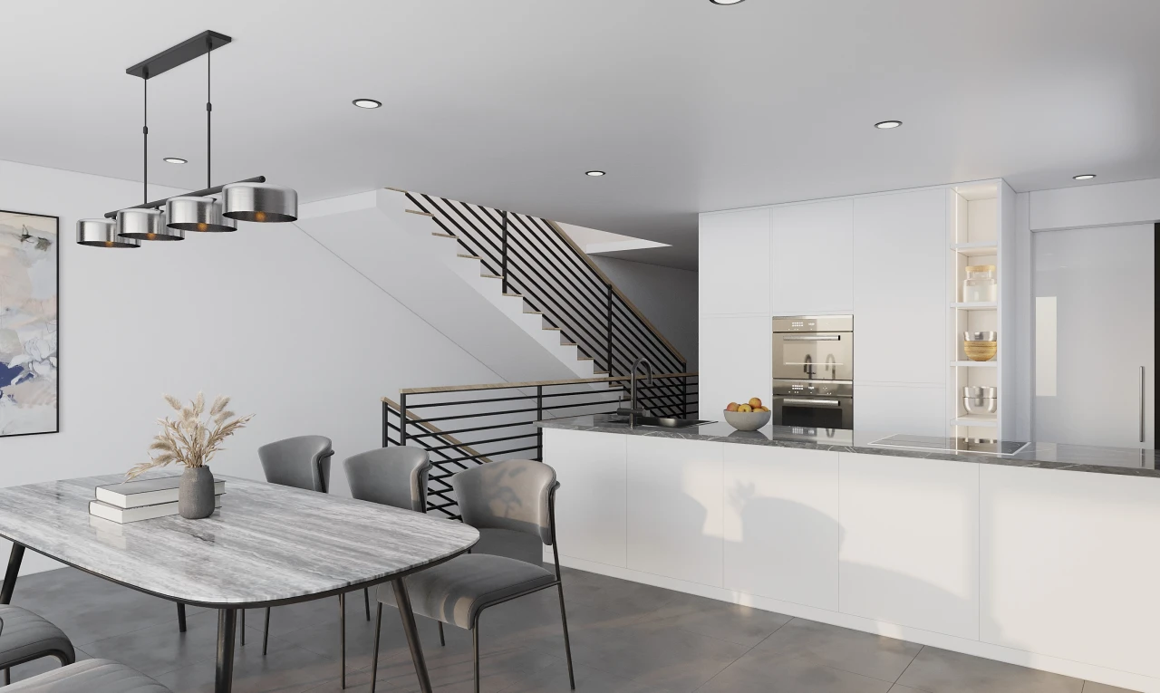 kitchen with black electric cooktop, white cabinetry, stainless steel double oven, and pendant lighting