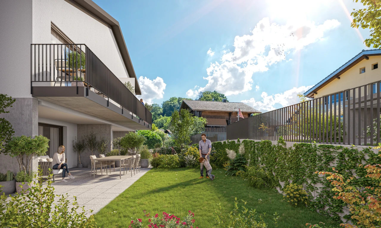 garden with a lawn, a patio area, and a balcony