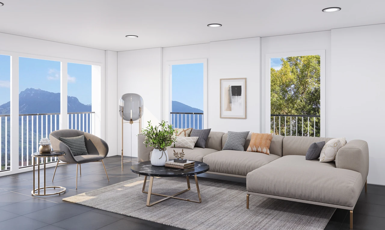 living room with a water and mountain view