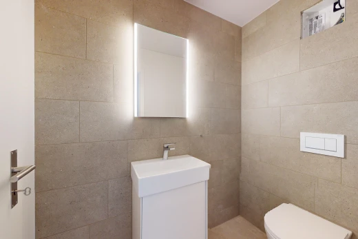 bad mit toilette, schminktisch, fliesenwand, und spiegel