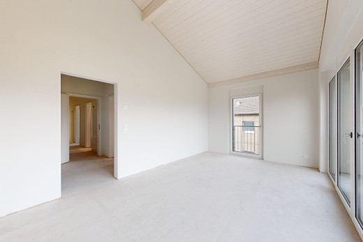 pièce vide avec plafond voûté, moquette, lumière naturelle, et poutres apparentes