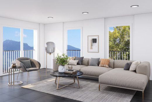 wohnzimmer mit blick auf die berge, natürliches licht, und seesicht