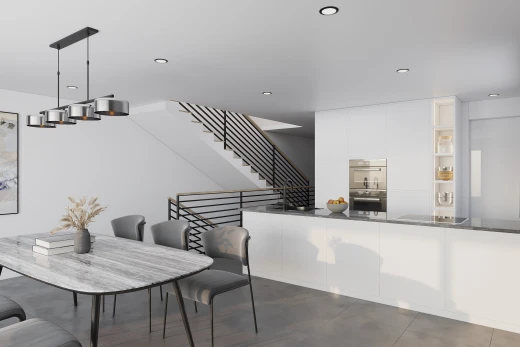 küche mit arbeitsplatten, schränke mit flachen paneelen, doppel backofen, weiße schränke, und pendelleuchte