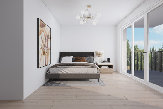 zimmer / schlafzimmer mit natürliches licht, bemerkenswerter kronleuchter, parkettboden, und außenzugang