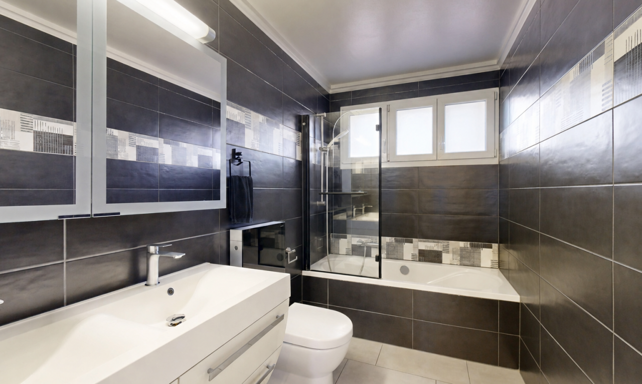 salle de bains avec lumière naturelle, natural light, mur en carrelage, tile wall, et toilette