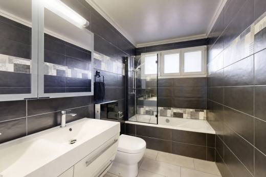 salle de bains avec lumière naturelle, natural light, mur en carrelage, tile wall, et toilette