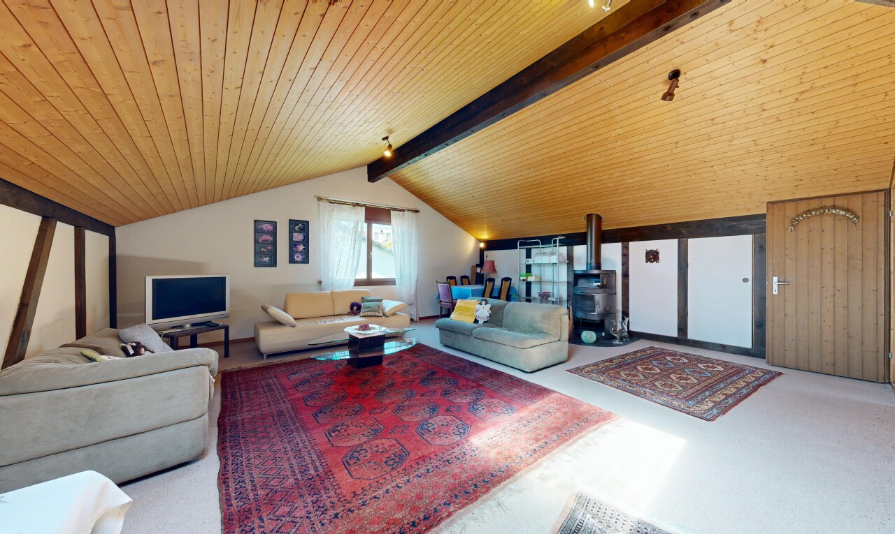 wohnzimmer mit holzofen, inside property, vaulted ceiling, dachschräge, und fernseher