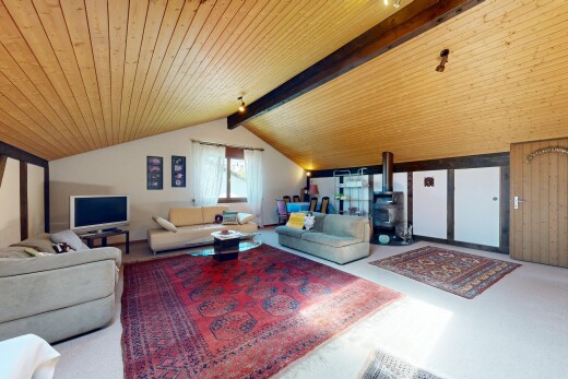 wohnzimmer mit holzofen, inside property, vaulted ceiling, dachschräge, und fernseher