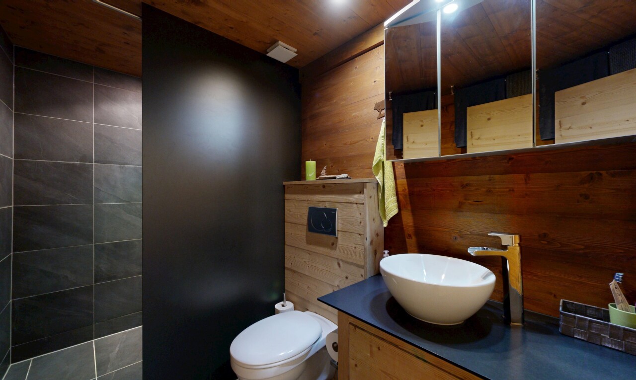salle de bains avec lavabo (ou coiffeuse selon le contexte), évier, inside property, toilette, et mur en bois