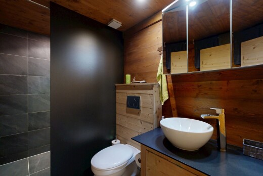 salle de bains avec lavabo (ou coiffeuse selon le contexte), évier, inside property, toilette, et mur en bois
