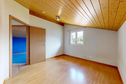 pièce vide avec plafond voûté, vaulted ceiling, sol en finition bois, wood finish floor, et lumière naturelle