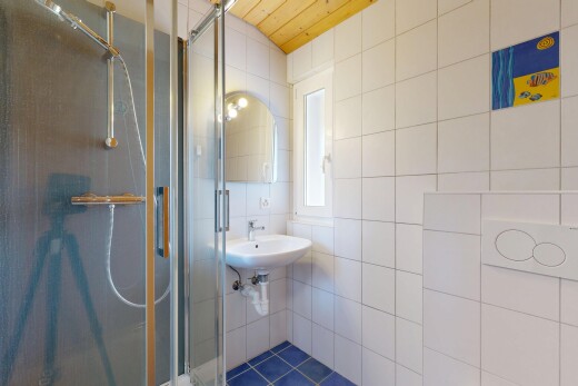 salle de bains avec mur en carrelage, tile wall, douche, salle de bain complète, et miroir