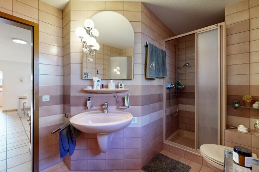 bad mit tile wall, fliesenwand, spiegel, komplettes badezimmer, und dusche