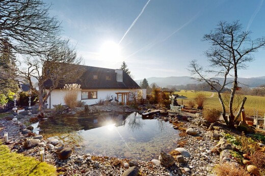 außenansicht mit from property, day time, dachgaube, garden pond, und garten teich