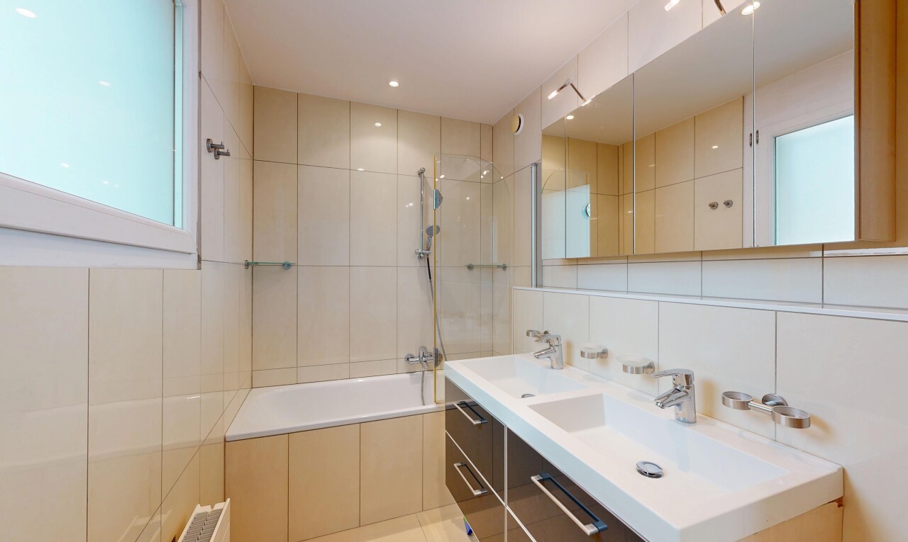 bad mit fliesenwand, tile wall, doppelwaschtisch, komplettes badezimmer, und kombiniertes bad / dusche