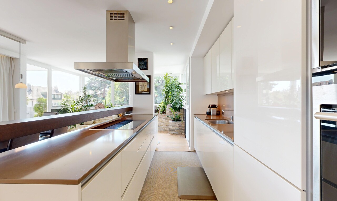 küche mit dunstabzugshaube, light floor, schränke mit flachen paneelen, flat panel cabinets, und weiße schränke