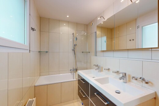 bad mit fliesenwand, tile wall, doppelwaschtisch, komplettes badezimmer, und kombiniertes bad / dusche