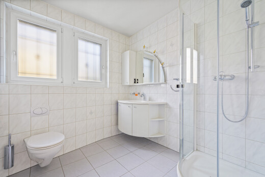 salle de bains avec tile wall, mur en carrelage, natural light, lumière naturelle, et tile floor