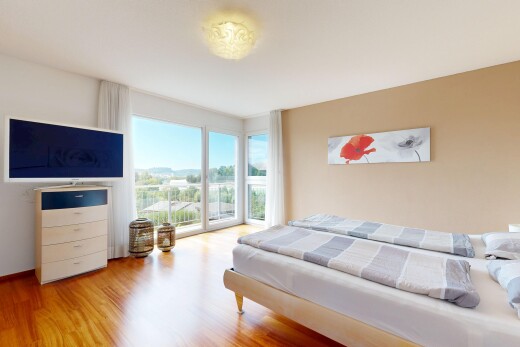 zimmer / schlafzimmer mit fernseher, natürliches licht, natural light, außenzugang, und gipskartonwand