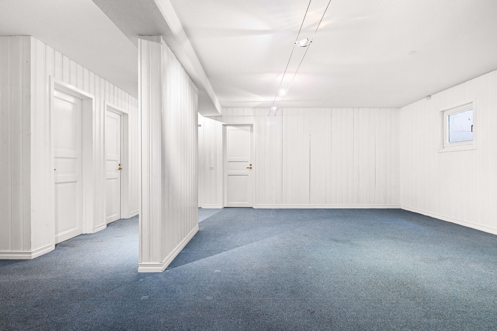 leerer raum mit teppich, carpet, keller, inside property, und dark floor