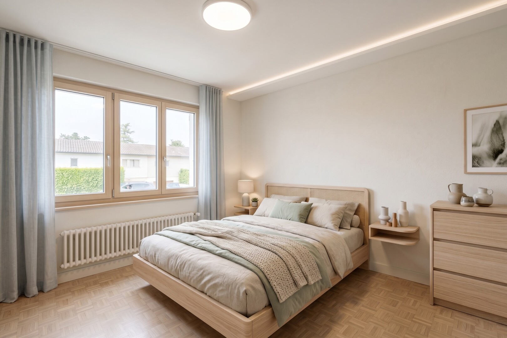 room / bedroom with radiator heating unit and parquet floors