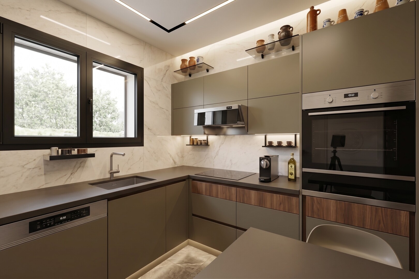 kitchen featuring dishwasher, light countertops, tasteful backsplash, wood finish cabinetry, and oven