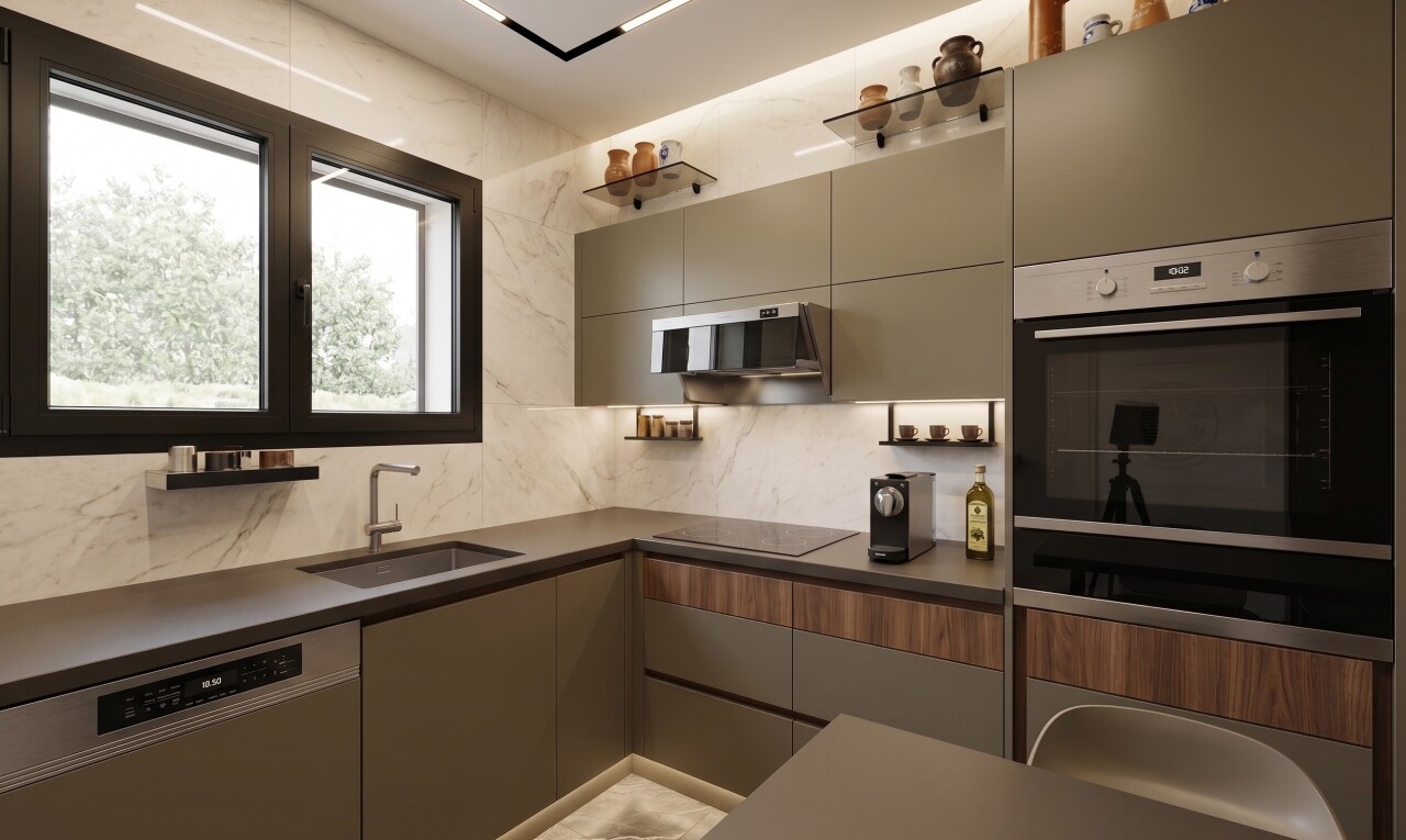 kitchen featuring dishwasher, light countertops, tasteful backsplash, wood finish cabinetry, and oven