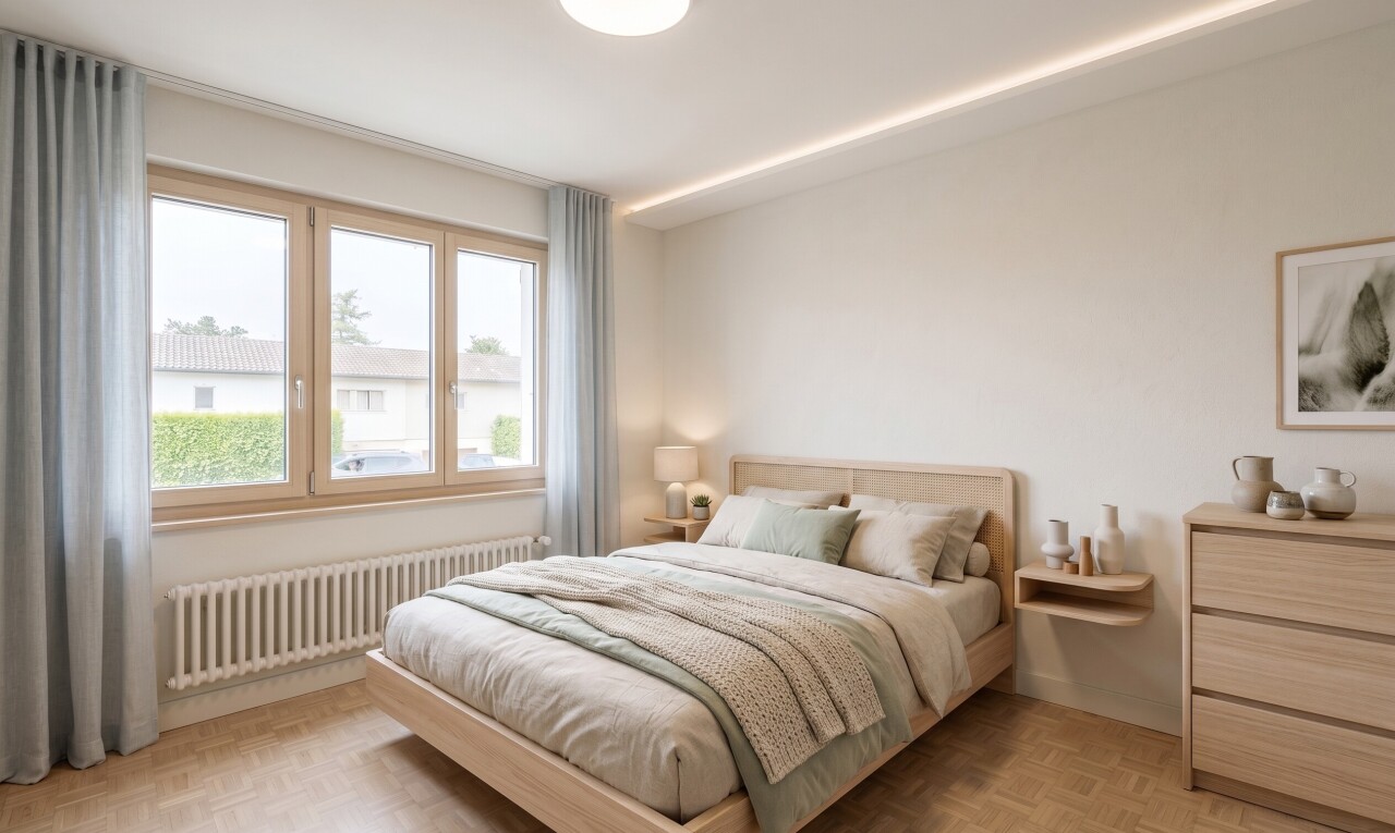 room / bedroom with radiator heating unit and parquet floors
