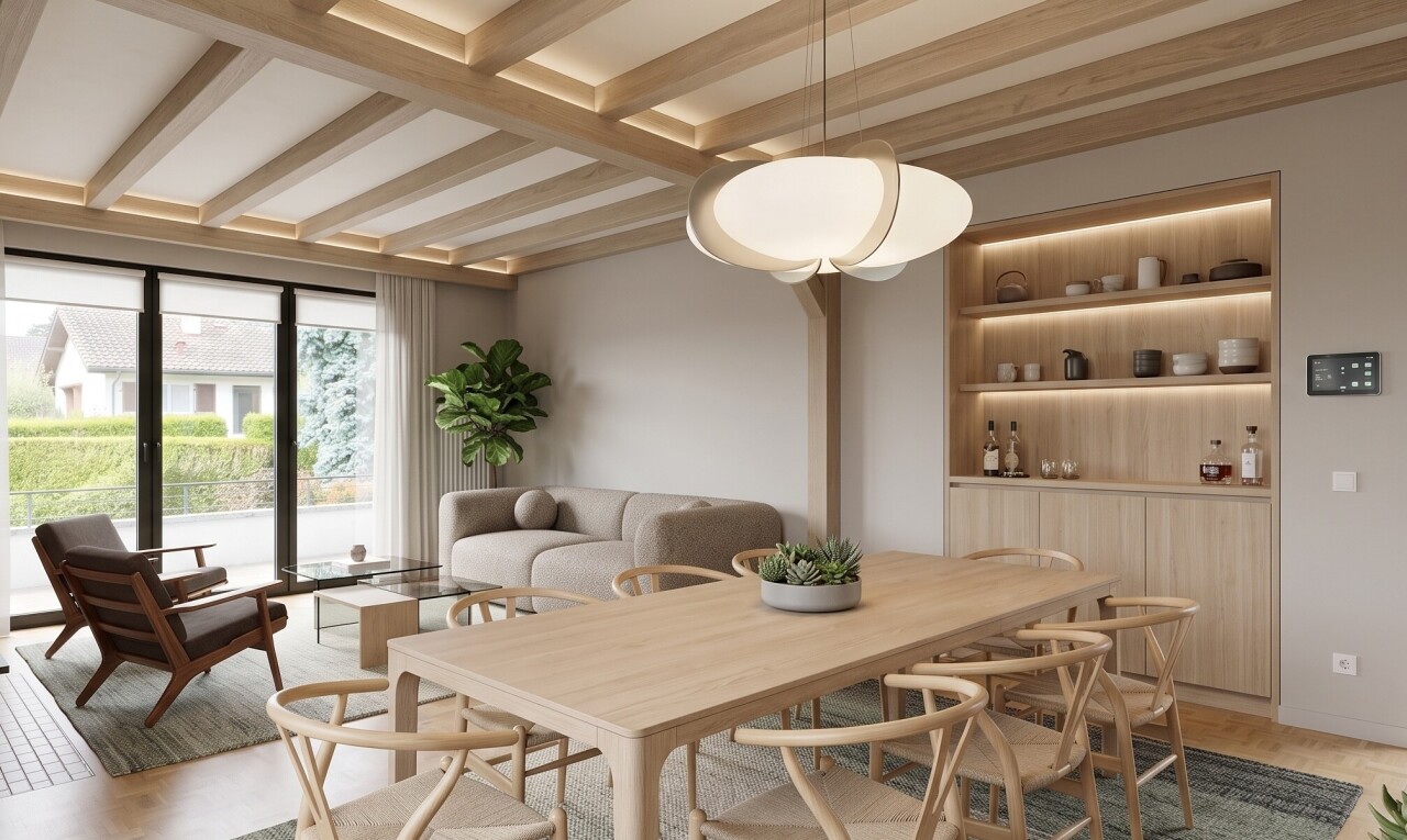 dining space with beam ceiling, hanging light fixtures, and light wood-style floors