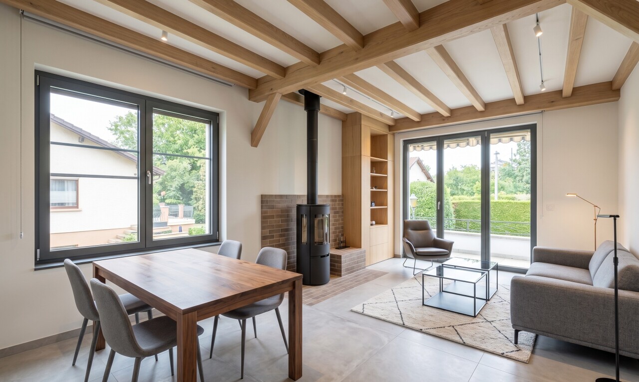 living / dining room featuring beam ceiling, radiator, hanging light fixtures, and wood finished floors