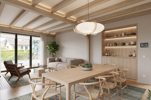 dining space with beam ceiling, hanging light fixtures, and light wood-style floors