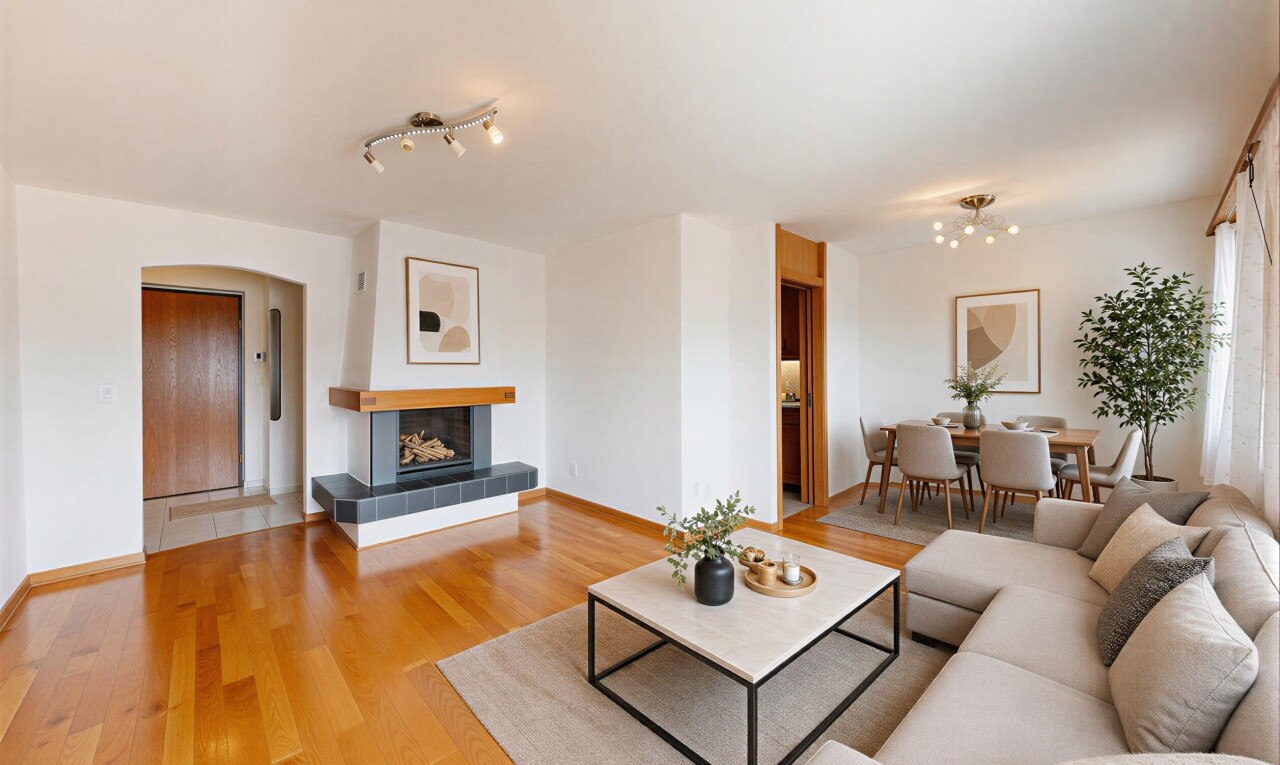 wohn- / esszimmer mit kamin, wood finish floor, holzfußboden, drywall, und gipskartonwand