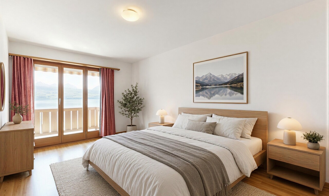 zimmer / schlafzimmer mit außenzugang, inside property, holzfußboden, wood finish floor, und natürliches licht