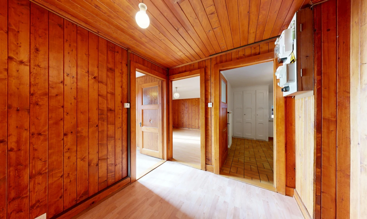 couloir avec mur en bois, wood wall, placard, plafond en bois, et wood ceiling