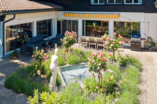 jardin avec terrasse, gril, et coin repas extérieur
