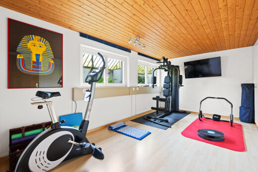 gym avec plafond en bois, wood ceiling, cloison sèche, drywall, et télévision